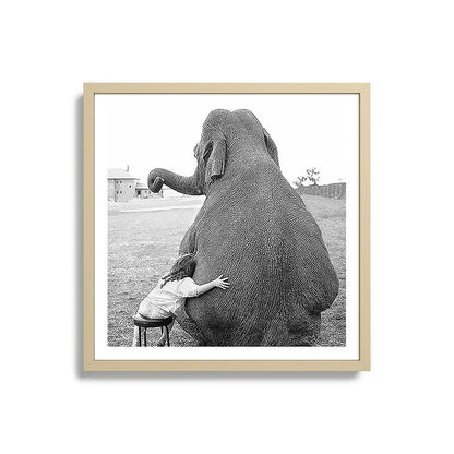 Odd Best Friends, Sweet Little Girl hugging elephant black and white photograph Framed Art Print Gallery Image 27