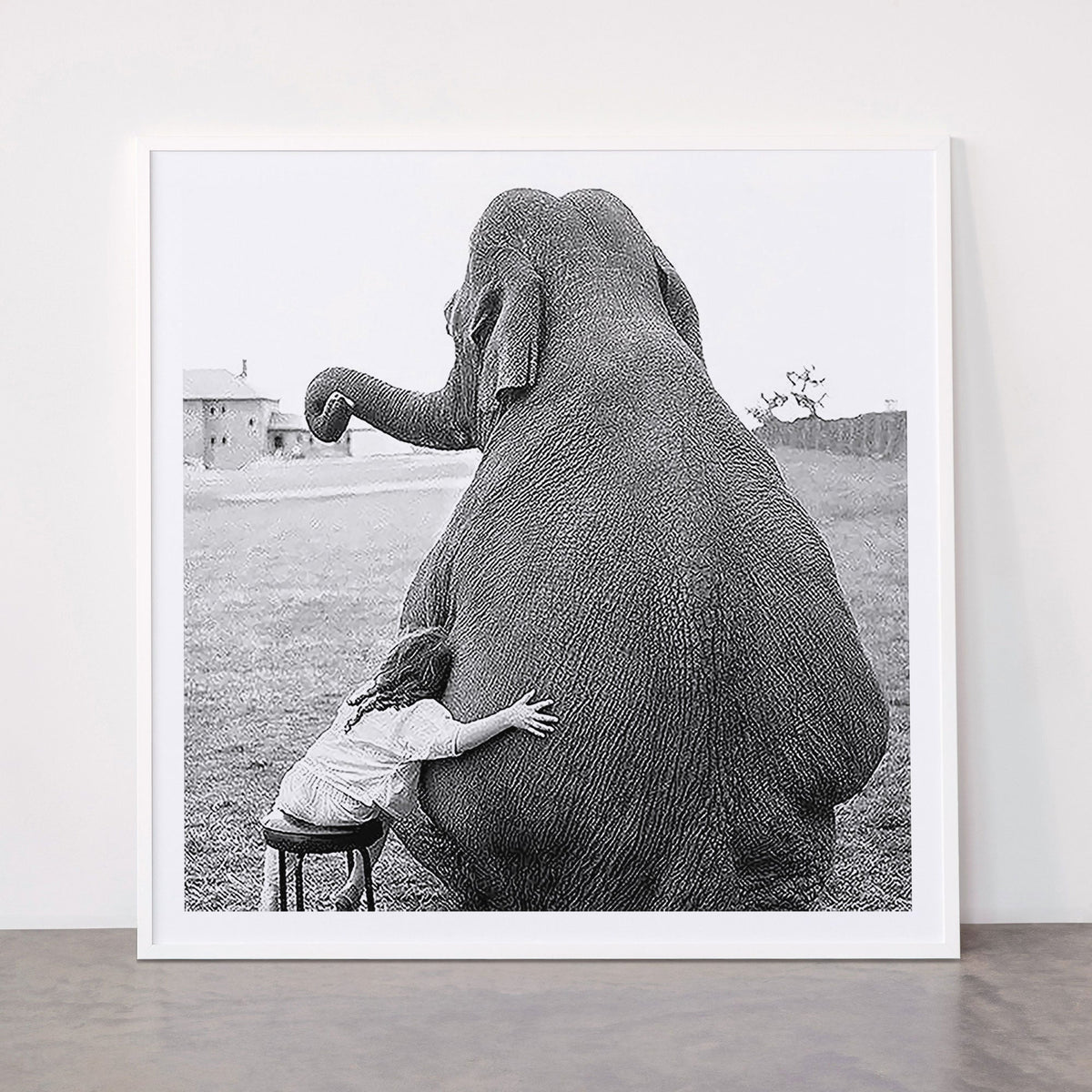 Odd Best Friends, Sweet Little Girl hugging elephant black and white photograph Framed Art Print Gallery Image 43