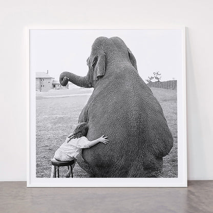 Odd Best Friends, Sweet Little Girl hugging elephant black and white photograph Framed Art Print Gallery Image 43