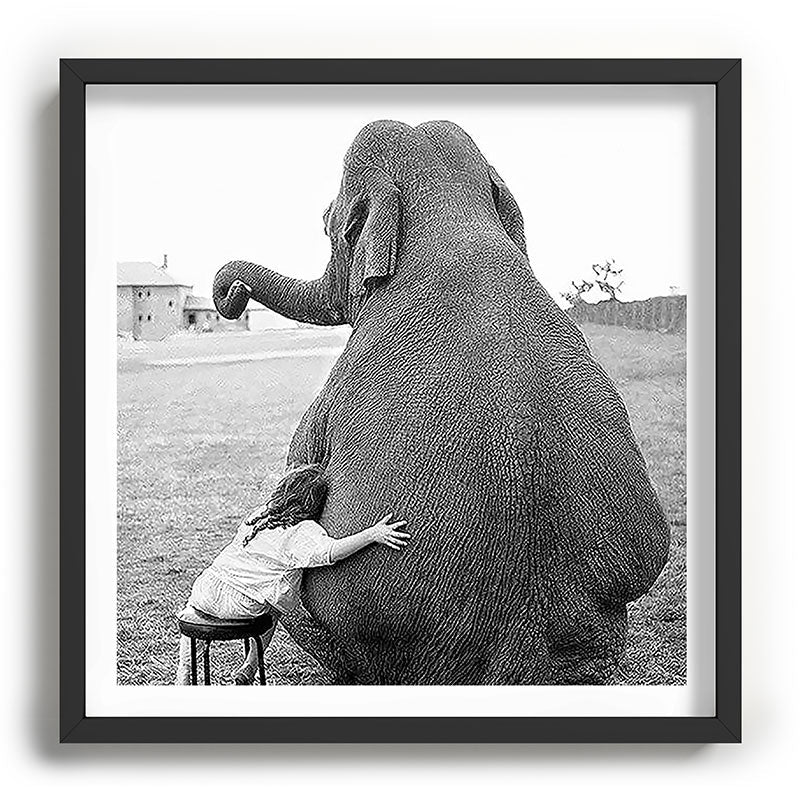 Odd Best Friends, Sweet Little Girl hugging elephant black and white photograph Framed Art Print Gallery Image 93