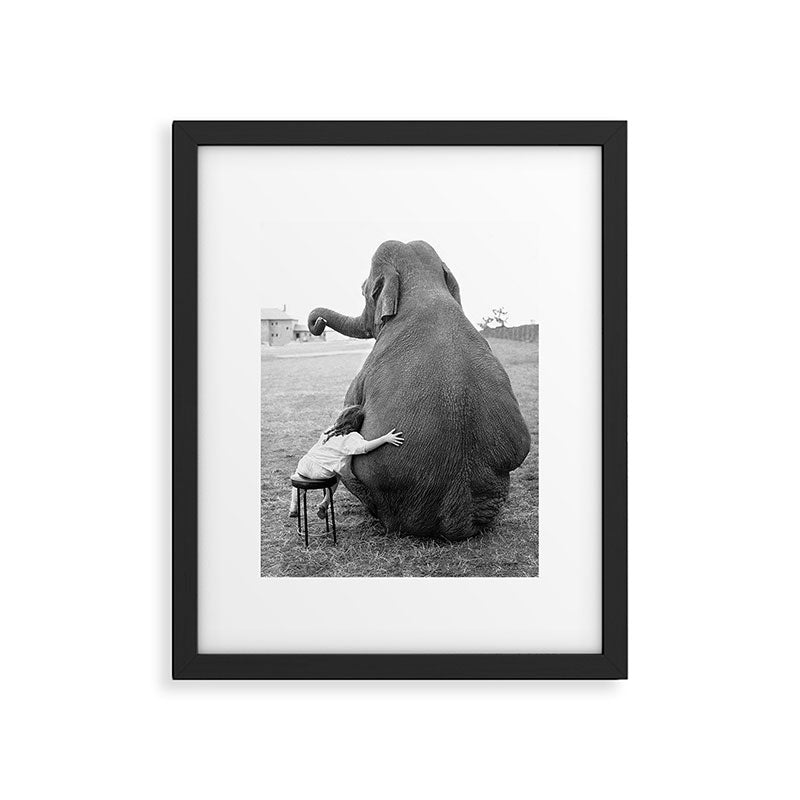 Odd Best Friends, Sweet Little Girl hugging elephant black and white photograph Framed Art Print Gallery Image 5