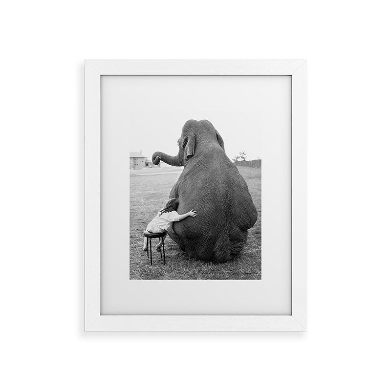 Odd Best Friends, Sweet Little Girl hugging elephant black and white photograph Framed Art Print Gallery Image 73