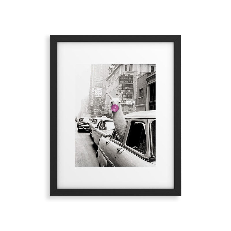 Perfect Pink Bubble Gum Llama taking a New York Taxi black and white photograph Framed Art Print Gallery Image 1