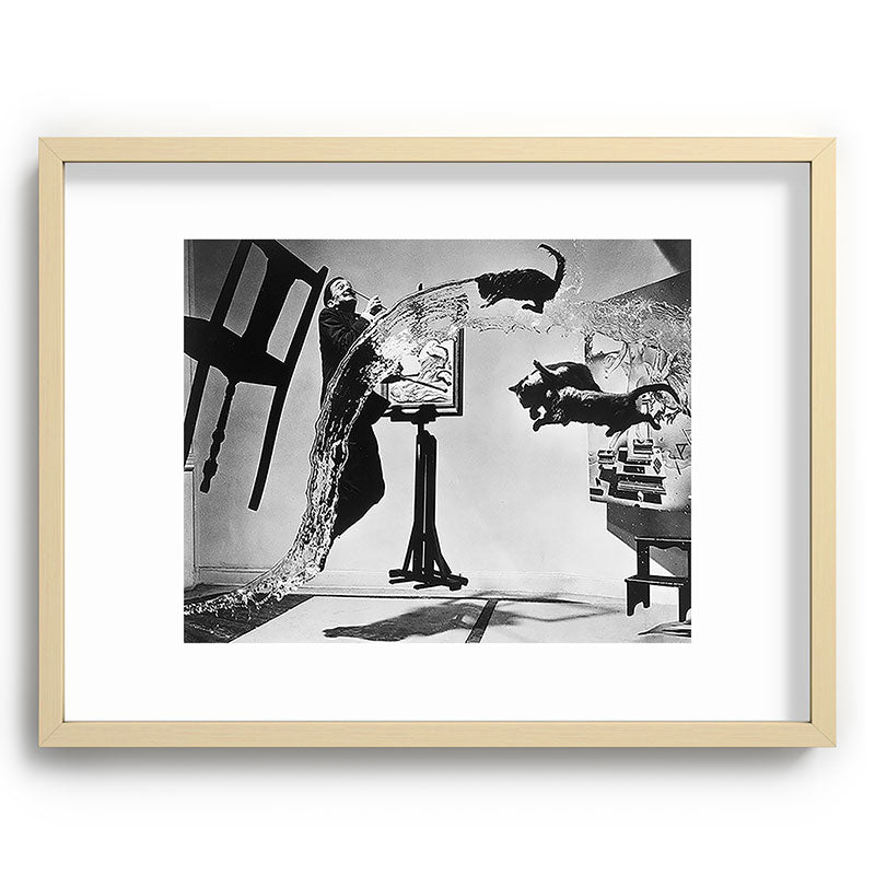 Dalí Atomicus, Salvador Dali painting with flying cats and water spurts surrealism / surrealist black and white photograph / photography by Philippe Halsman Framed Art Print Gallery Image 99