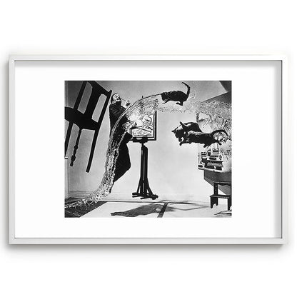 Dalí Atomicus, Salvador Dali painting with flying cats and water spurts surrealism / surrealist black and white photograph / photography by Philippe Halsman Framed Art Print Gallery Image 110