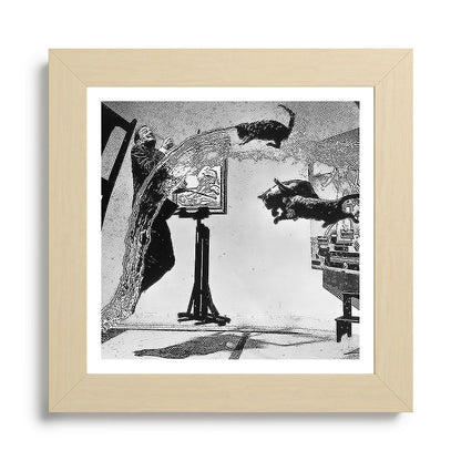 Dalí Atomicus, Salvador Dali painting with flying cats and water spurts surrealism / surrealist black and white photograph / photography by Philippe Halsman Framed Art Print Gallery Image 68