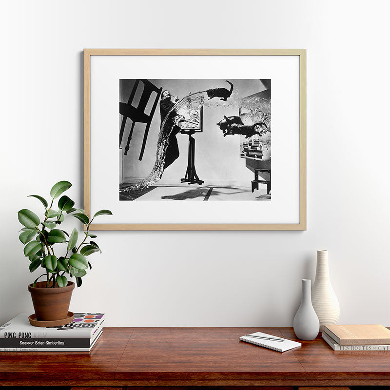 Dalí Atomicus, Salvador Dali painting with flying cats and water spurts surrealism / surrealist black and white photograph / photography by Philippe Halsman Framed Art Print Gallery Image 67