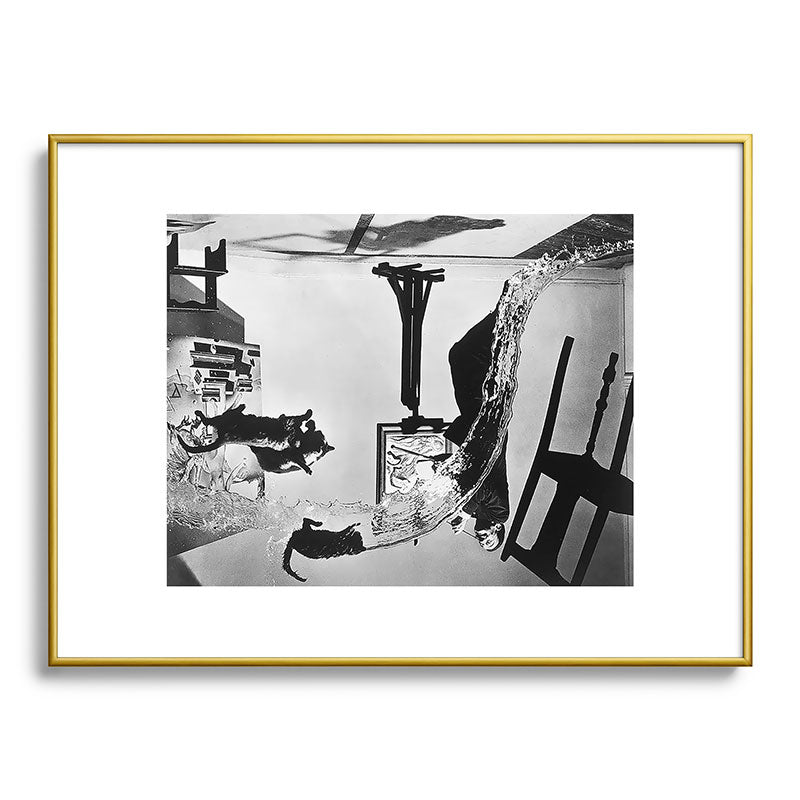 Dalí Atomicus, Salvador Dali painting with flying cats and water spurts surrealism / surrealist black and white photograph / photography by Philippe Halsman Framed Art Print Gallery Image 124