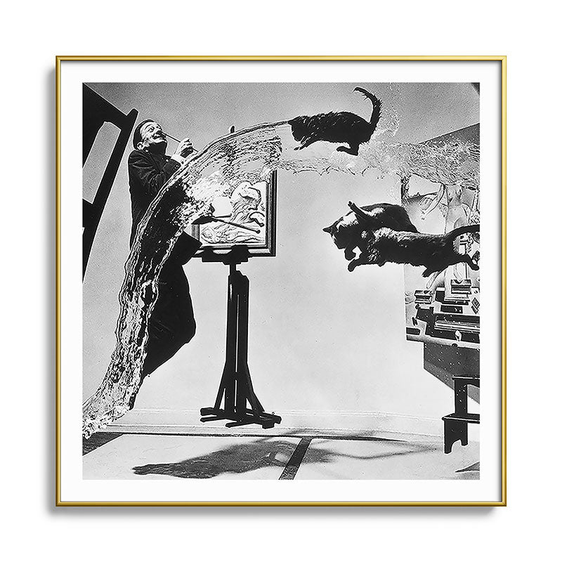 Dalí Atomicus, Salvador Dali painting with flying cats and water spurts surrealism / surrealist black and white photograph / photography by Philippe Halsman Framed Art Print Gallery Image 136