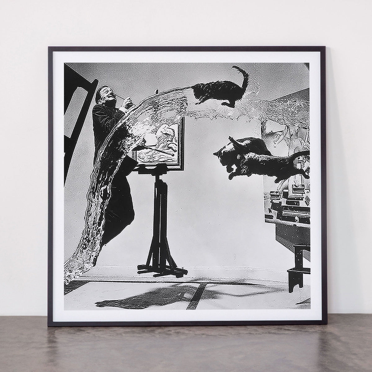 Dalí Atomicus, Salvador Dali painting with flying cats and water spurts surrealism / surrealist black and white photograph / photography by Philippe Halsman Framed Art Print Gallery Image 11
