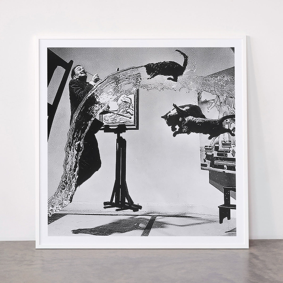 Dalí Atomicus, Salvador Dali painting with flying cats and water spurts surrealism / surrealist black and white photograph / photography by Philippe Halsman Framed Art Print Gallery Image 43