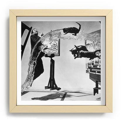 Dalí Atomicus, Salvador Dali painting with flying cats and water spurts surrealism / surrealist black and white photograph / photography by Philippe Halsman Framed Art Print Gallery Image 106