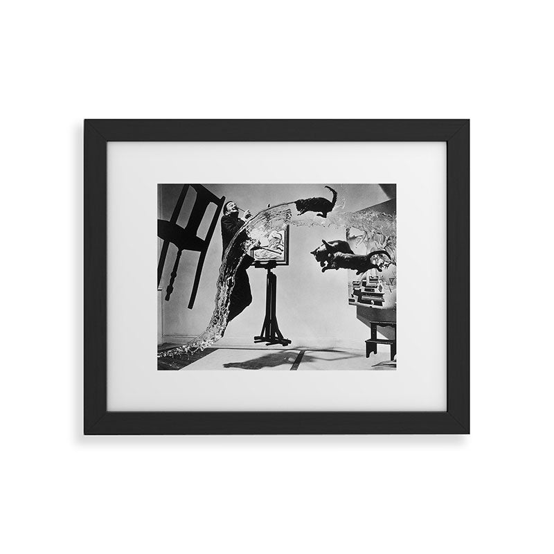 Dalí Atomicus, Salvador Dali painting with flying cats and water spurts surrealism / surrealist black and white photograph / photography by Philippe Halsman Framed Art Print Gallery Image 45
