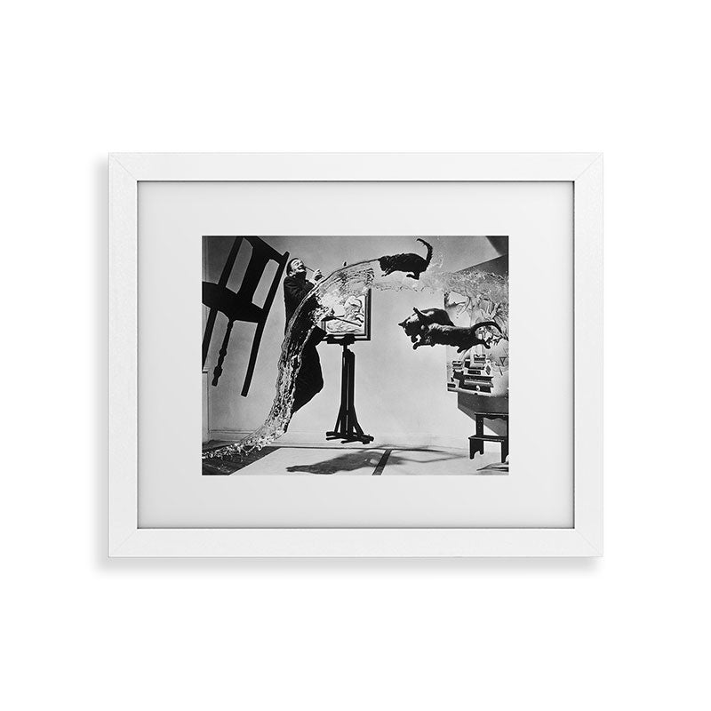 Dalí Atomicus, Salvador Dali painting with flying cats and water spurts surrealism / surrealist black and white photograph / photography by Philippe Halsman Framed Art Print Gallery Image 70