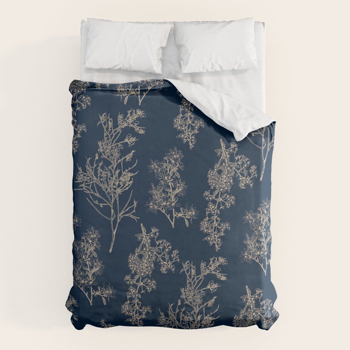 Botanical Cottage Floral Pattern Navy Blue and Beige Duvet Cover Gallery Image 1