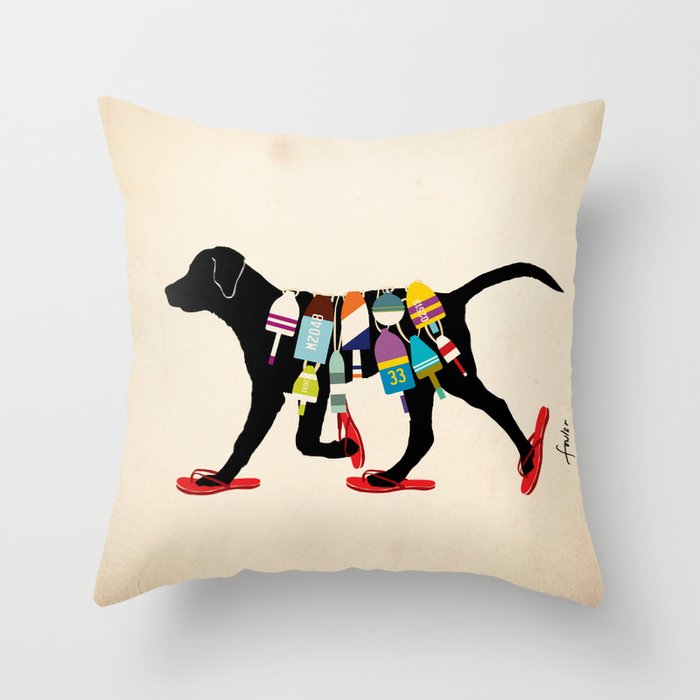 Black dog lab labrador buoy nautical beach ocean sandals flip flop art Throw Pillow Gallery Image 5