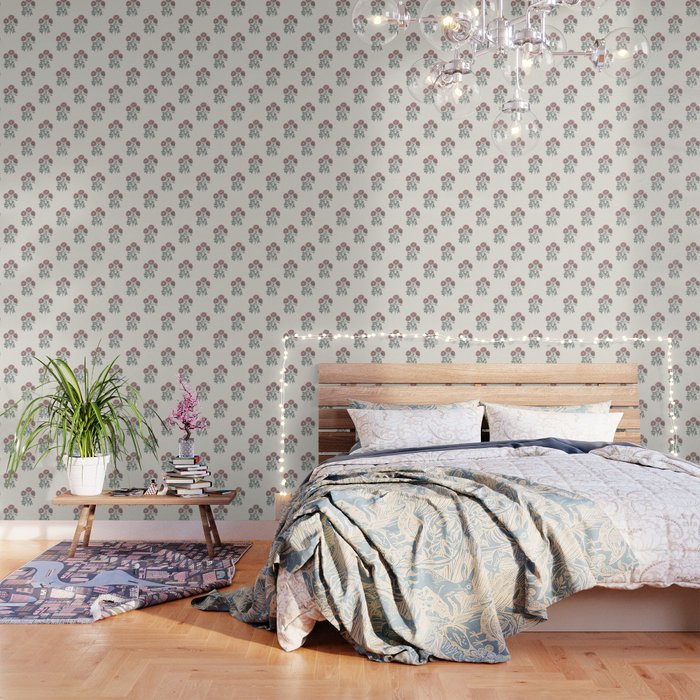 Vintage Sketched Block Print Floral - Green Raspberry Wallpaper Gallery Image 3