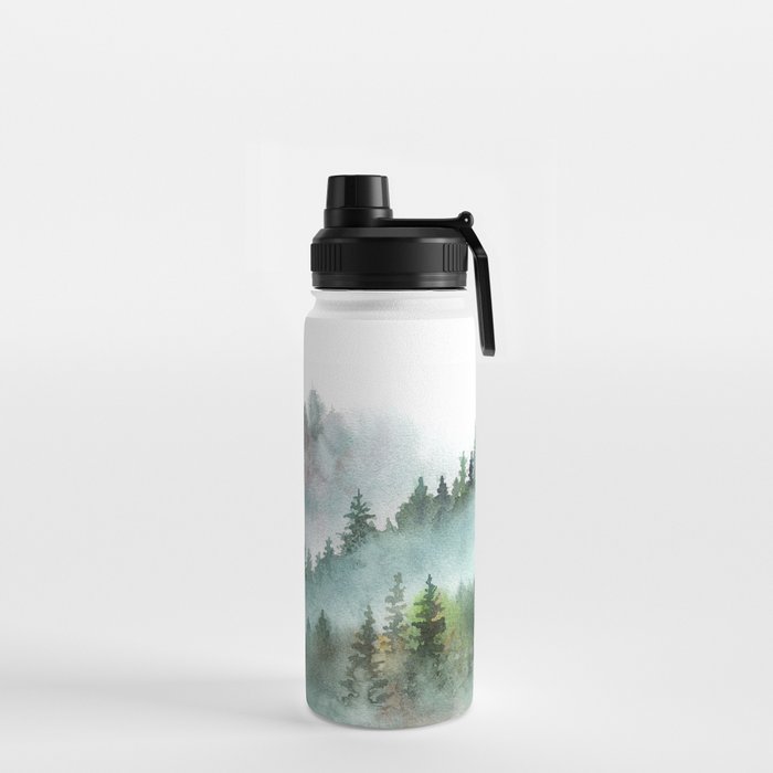 Watercolor Pine Forest Mountains in the Fog Water Bottle Gallery Image 2