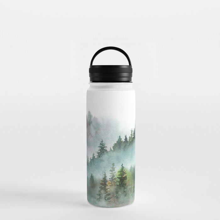 Watercolor Pine Forest Mountains in the Fog Water Bottle Gallery Image 3