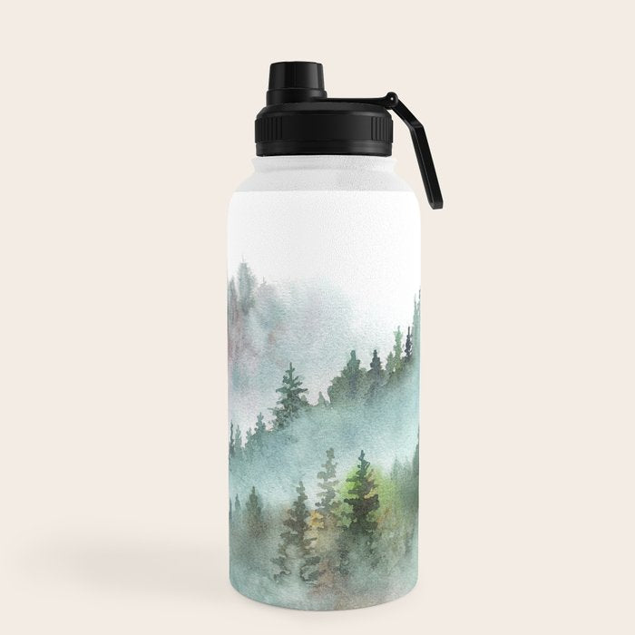 Watercolor Pine Forest Mountains in the Fog Water Bottle Gallery Image 5