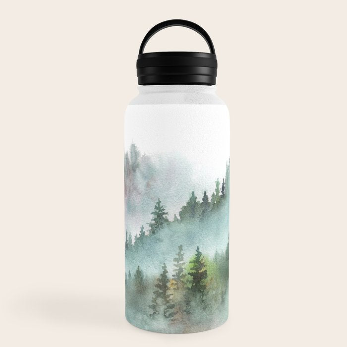 Watercolor Pine Forest Mountains in the Fog Water Bottle Gallery Image 6