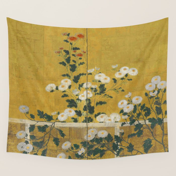 Red and White Chrysanthemums Vintage Japanese Gold Leaf Screen Wall Tapestry Gallery Image 4