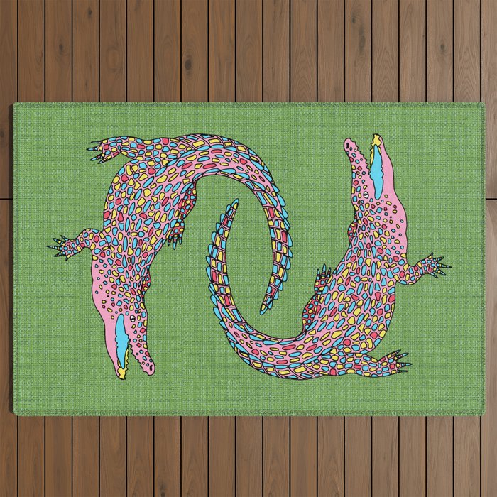 Crocodiles (Textured Green and Pink) Outdoor Rug Gallery Image 2