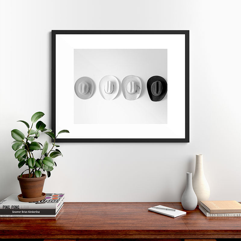 Cowboy Hat Wall - Black and White Framed Art Print Gallery Image 35