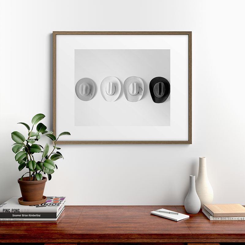 Cowboy Hat Wall - Black and White Framed Art Print Gallery Image 14