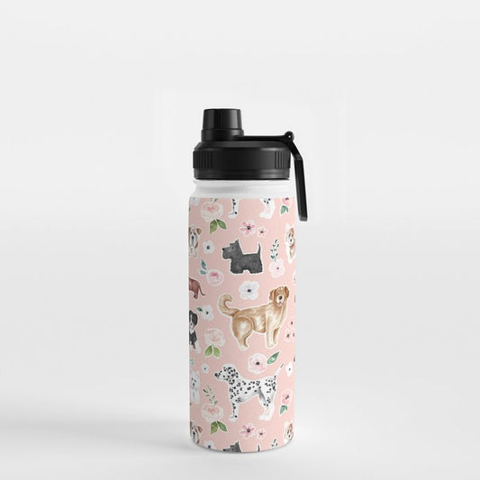Watercolor Dog Painting, Pink Floral, Dog Pattern, Puppy Dog Decor, Pets, Cute Dogs Water Bottle Gallery Image 2