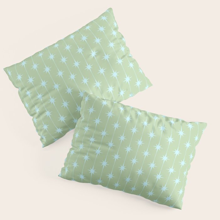 Mid Century Modern Atomic Stars and Dots Retro Pattern in Sage Green and Light Aqua Pillow Sham Gallery Image 3