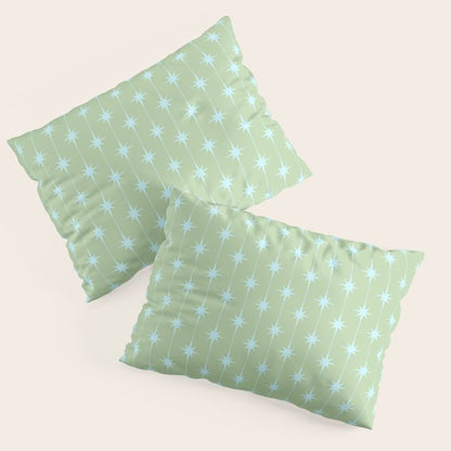 Mid Century Modern Atomic Stars and Dots Retro Pattern in Sage Green and Light Aqua Pillow Sham Gallery Image 3