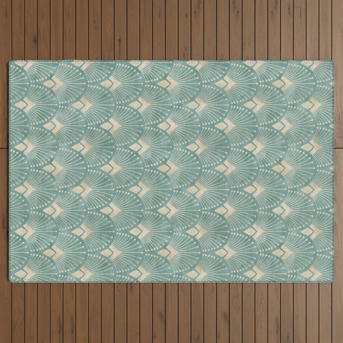 Art Deco Fans Pattern in Teal Outdoor Rug Gallery Image 3