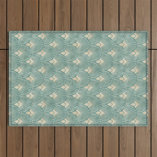 Art Deco Fans Pattern in Teal Outdoor Rug Gallery Image 1