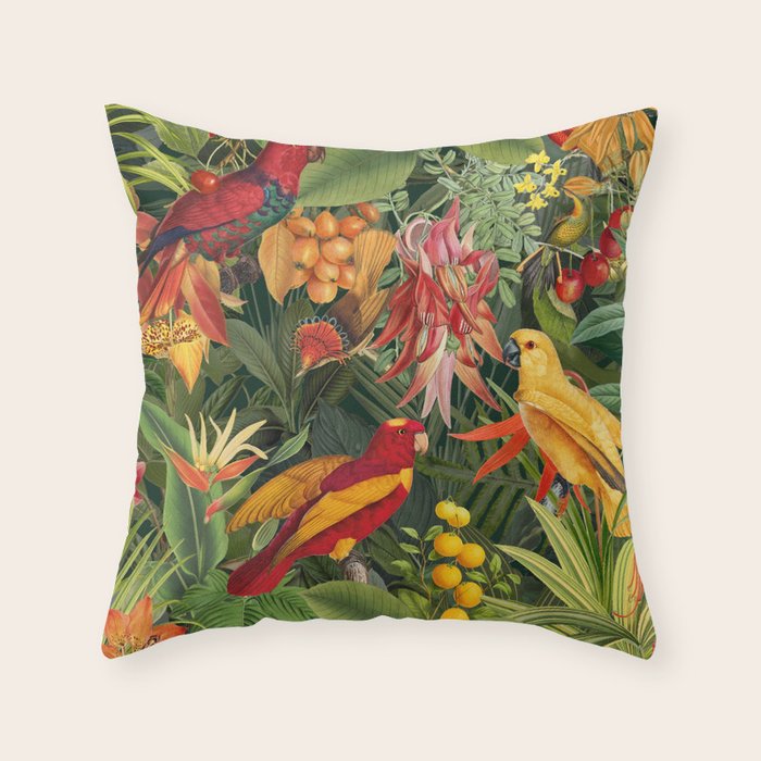 Midnight Jungle Parrots Tropical Paradise Throw Pillow Gallery Image 1