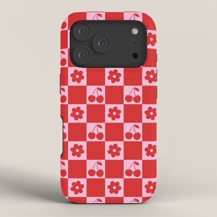 Cherry Flowers Pink & Red Checker iPhone Case Gallery Image 3