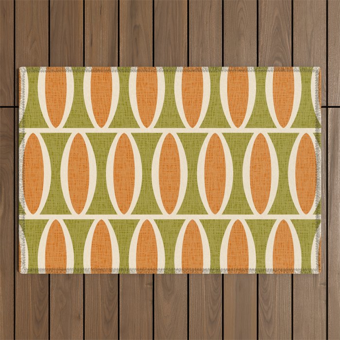 Retro Vintage 1950s Style Geometric Oval Pattern 228 Googie Orange Olive Green Outdoor Rug Gallery Image 1