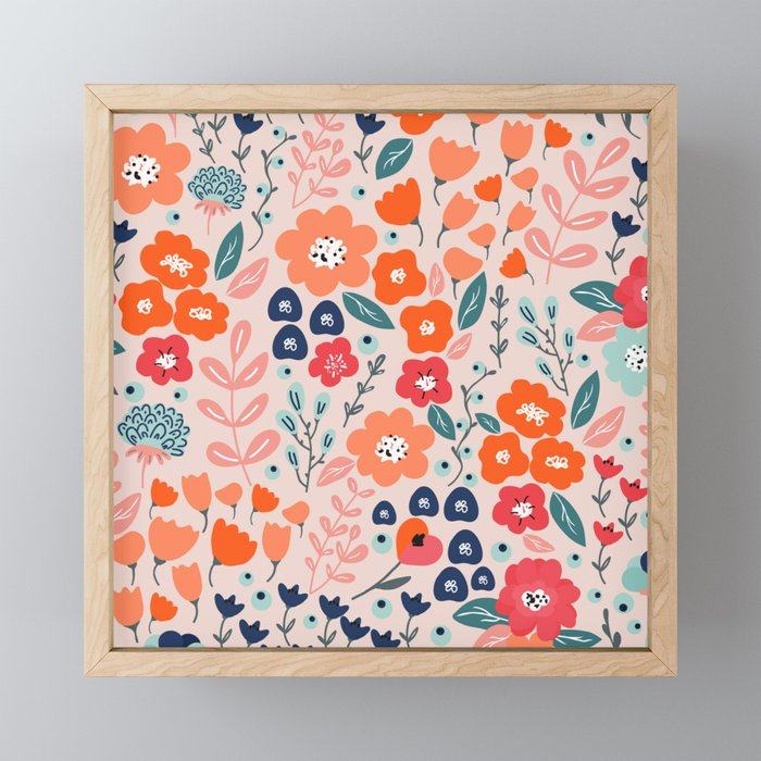 Ditsy Florals, Pink, Orange, Teal, Navy Mini Art Print Gallery Image 1