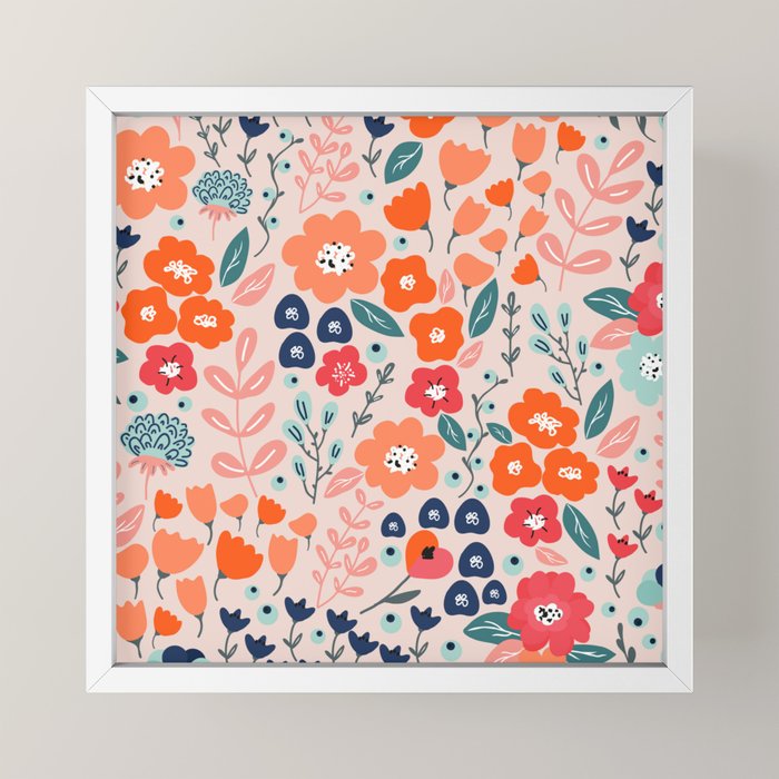 Ditsy Florals, Pink, Orange, Teal, Navy Mini Art Print Gallery Image 4