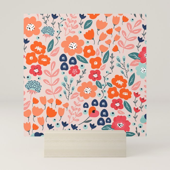 Ditsy Florals, Pink, Orange, Teal, Navy Mini Art Print Gallery Image 5