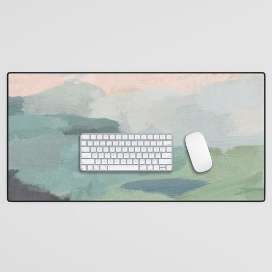 Farmland Sunset II - Seafoam Green Mint Black Blush Pink Abstract Nature Land Art Painting Desk Mat Gallery Image 1