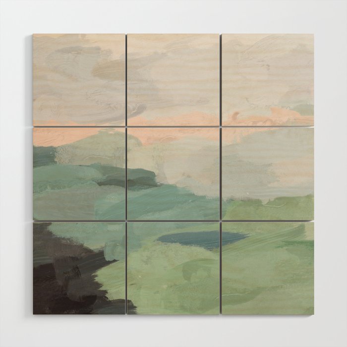 Farmland Sunset II - Seafoam Green Mint Black Blush Pink Abstract Nature Land Art Painting Wood Wall Art Gallery Image 3