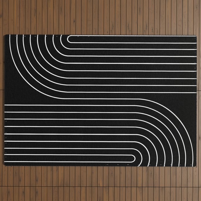 Minimal Line Curvature II Black and White Mid Century Modern Arch Abstract Outdoor Rug Gallery Image 4