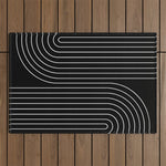 Minimal Line Curvature II Black and White Mid Century Modern Arch Abstract Outdoor Rug Gallery Image 1