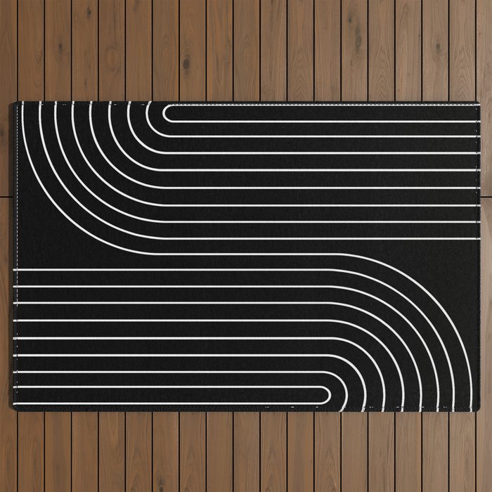 Minimal Line Curvature II Black and White Mid Century Modern Arch Abstract Outdoor Rug Gallery Image 2