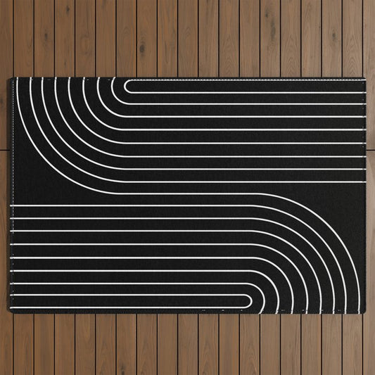Minimal Line Curvature II Black and White Mid Century Modern Arch Abstract Outdoor Rug Gallery Image 2