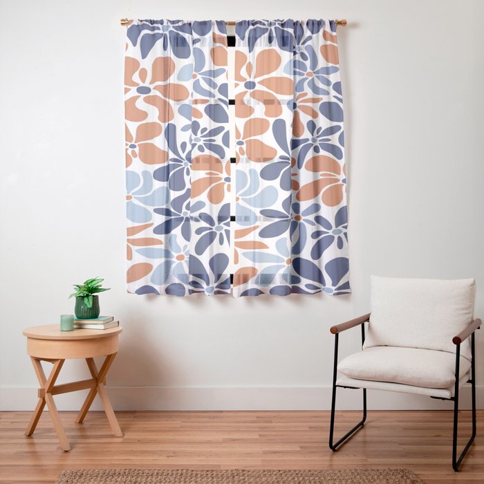 Abstract Flowers, Orange, Blue and White Window Curtain Gallery Image 23
