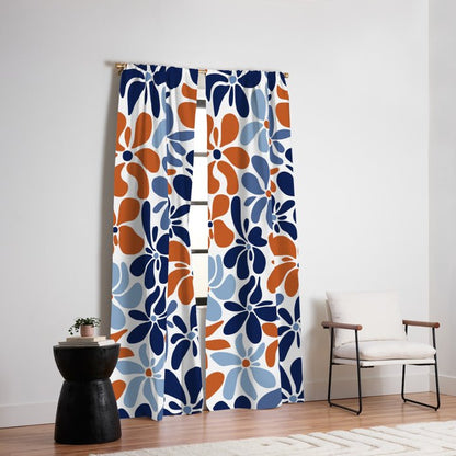 Abstract Flowers, Orange, Blue and White Window Curtain Gallery Image 6