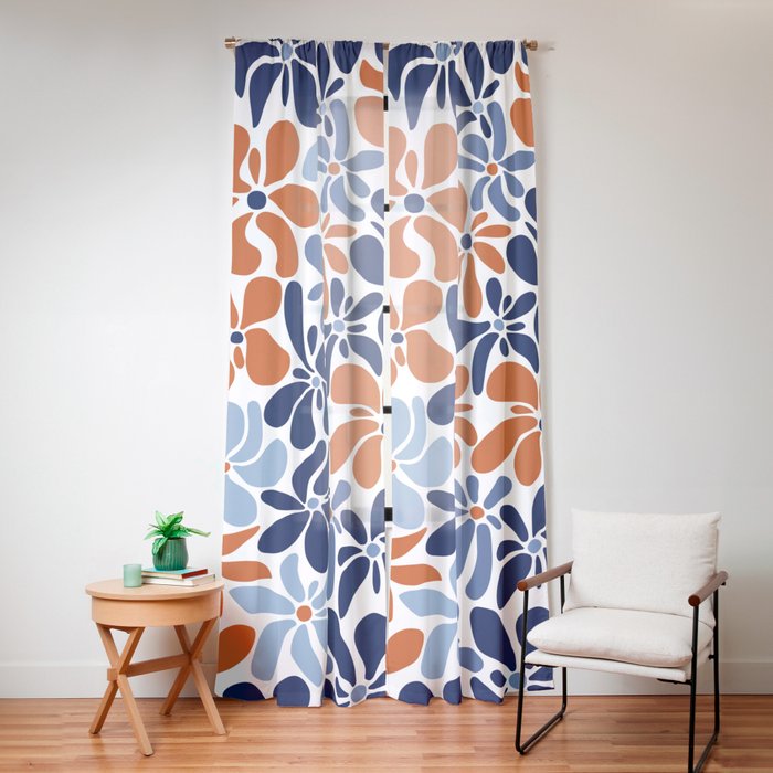 Abstract Flowers, Orange, Blue and White Window Curtain Gallery Image 12