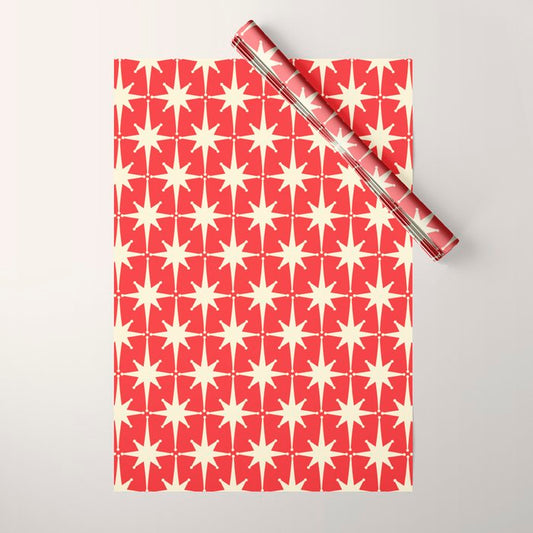 Atomic Age Starbursts - Midcentury Modern Pattern in Cream and Retro Christmas Red Wrapping Paper Gallery Image 1